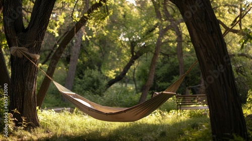 Nature's lullaby: Gently swaying hammock between trees promises sweet summer dreams and relaxation 