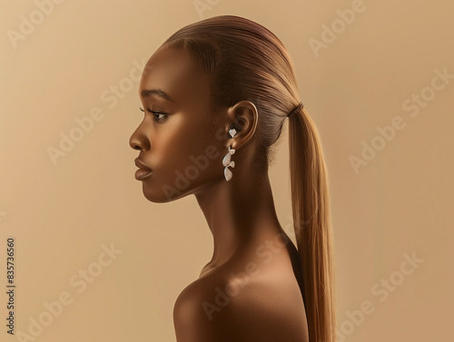주얼리 다이아몬드 귀걸이 룩북 사진, 긴 금발 포니 테일을 한 측면 프로필 프랑스-아프리카 모델, 베이지 배경.
