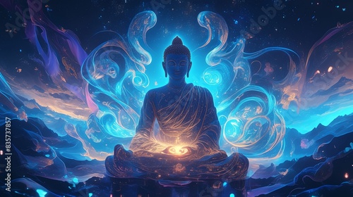 Produce an image depicting a Buddha with glowing iridescent patterns