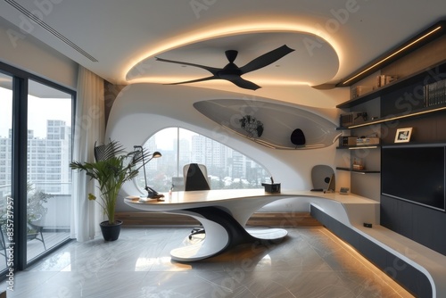 A futuristic ceiling fan with a unique design featuring curved blades and a remote-controlled LED light, enhancing the ambiance of a contemporary home office with its sleek and innovative style