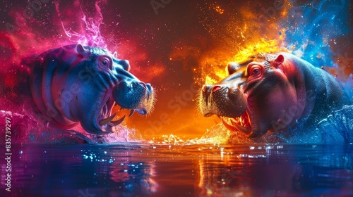  Two hippos submerged, mouths agape in a tranquil water body Above them, a vibrant, radiant burst of light erupts from each hippo'