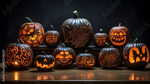about Halloween pumpkins with spider on a shiny light background.