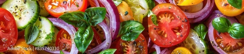 A fresh tomato salad with basil, onions and seasoning