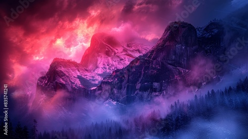  A mountain shrouded in fog and clouds beneath a red-blue sky The summit concealed in clouds radiates red and pink light