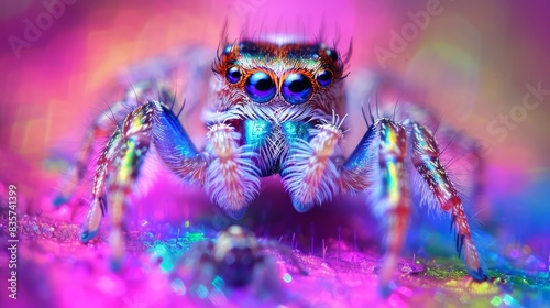  A tight shot of a vibrant spider against a purplish-pink backdrop Its legs and head are overlapped by a hazy spider image