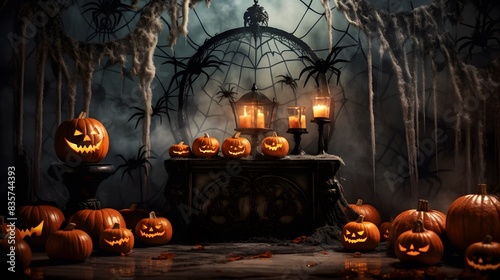 about Halloween pumpkins with spider on a shiny light background.