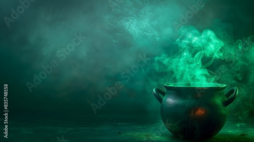 A green cauldron with smoke and glowing liquid inside, on a halloween background