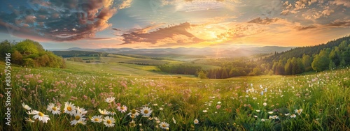A panoramic view of a spring landscape with green grass and wild daisies in a meadow on a hill at sunset.a landscape background with a sunset over green hills and a forest at a summer evening. 