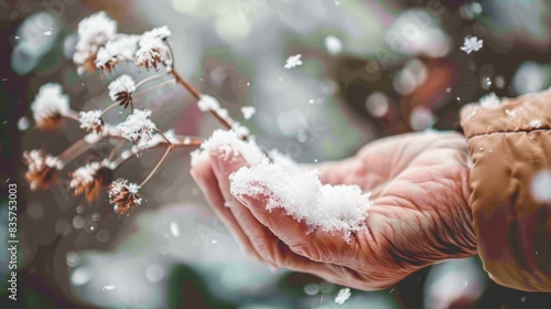  A tight shot of a hand clutching a snow-laden plant branch Branches are adorned with snowflakes atop