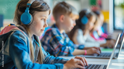 Cute student with headphones in computer class at elementary school Learning concepts, knowledge development