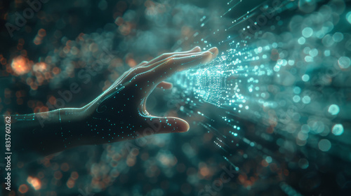 Abstract representation of technological advancement within the physical world, featuring a human hand reaching out to touch a floating digital interface, illustrating the fusion of human and machine