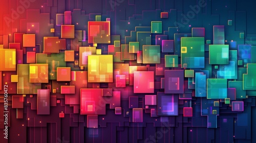 Colorful digital pixel art with a dark gradient and vibrant squares