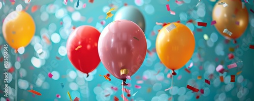 Cheerful party scene with floating balloons and festive confetti