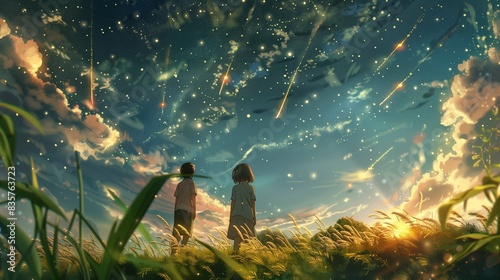 In the tranquil beauty of a sun-dappled meadow, a brother and sister stand together, their eyes lifted towards the celestial spectacle unfolding above. 