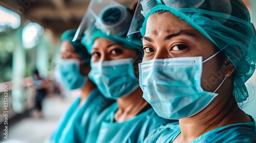 asian nurses in blue scrubs and full protective gear
