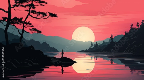 At a tranquil lakeside at dawn, the businessman sets up protective wards around the area, his reflection showing a demon lurking beneath the waterâ€™s surface. Painting Illustration style, Minimal and