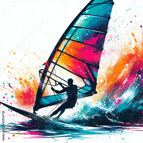 silhouette of colorful windsurfer and wave