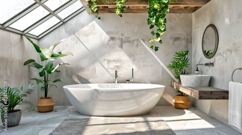 Modern bathroom with skylight and lush plants. Bright and minimal design. A perfect blend of nature and luxury. AI