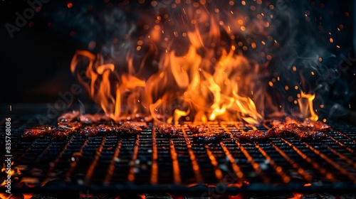Barbecue grill with roaring fire flames, empty fire grid glowing on a black background, perfect for a bold culinary visual