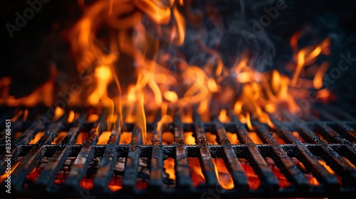 Barbecue grill with roaring fire flames, empty fire grid glowing on a black background, perfect for a bold culinary visual