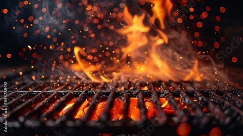 Empty barbecue grill grid engulfed in fire flames, set against a black background, for an intense and striking image