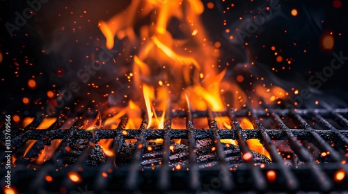 Empty barbecue grill grid with vibrant fire flames on a black background, creating a striking and dynamic image
