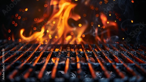 Empty barbecue grill grid with vibrant fire flames on a black background, creating a striking and dynamic image