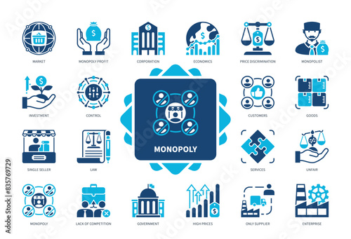 Monopoly icon set. Corporation, Economics, Lack of Competition, Law, Control, Only Supplier, High Prices, Goods. Duotone color solid icons