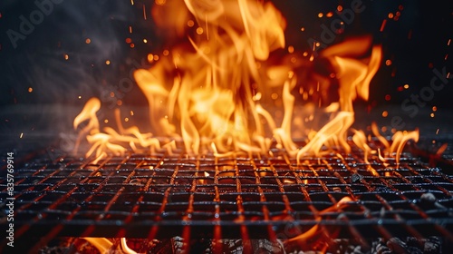 Fiery barbecue grill with empty grid, flames dancing on a black background, ideal for dramatic cooking visuals