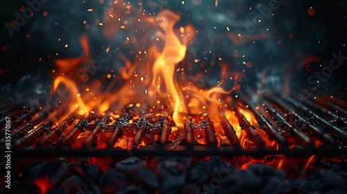 Grill with blazing fire flames, empty grid on a dark background, capturing the essence of outdoor cooking