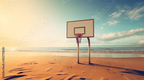 A basketball hoop on a beach with the sun shining on it.empty, beach Wallpaper