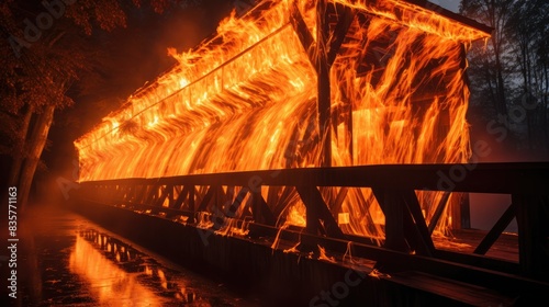 Photograph of a covered bridge on fire, its wooden structure illuminated by the dancing flames.