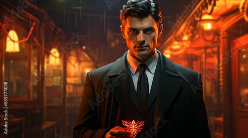 The businessman in a dark, rain-soaked alleyway, holding a glowing talisman that repels a demon creeping out of the shadows. Painting Illustration style, Minimal and Simple,