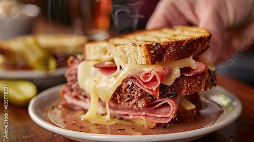 A hand-dipping a Reuben sandwich into a cup of steaming hot corned beef broth, with swiss cheese dripping from the sandwich. In the background, a plate with half-eaten Reuben and a pickle spear are