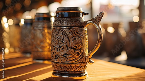 A close-up of a traditional Bavarian beer stein with intricate designs and engravings at Oktoberfest