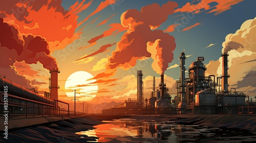 A smiling oil refinery engineer, adjusting valves and gauges with precision, with towering stacks and flares in the background. Painting Illustration style, Minimal and Simple,