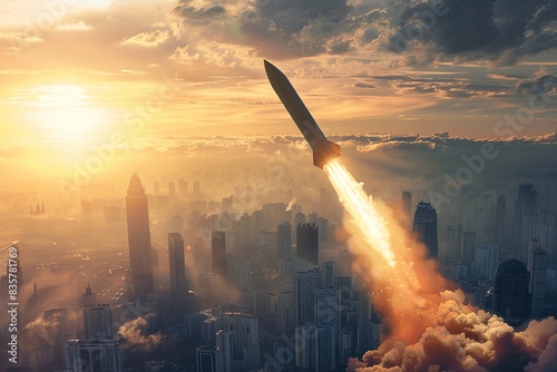 An intercontinental missile is about to hit the city, real photo 