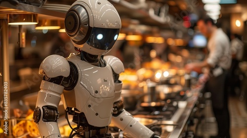 A robot is standing in a busy restaurant kitchen, surrounded by chefs and kitchen staff, ready to assist in food preparation.