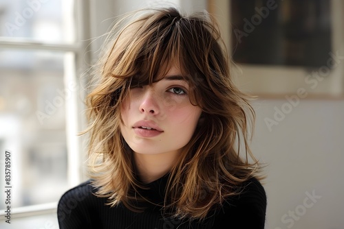 A young woman with a stylish shag haircut showcasing the layers and texture in a natural light setting