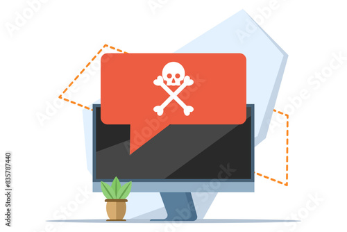 malware warning concept, warning notice on laptop computer, spam data, fraud internet error, unsafe risk danger connection, online fraud, ransomware virus note. flat vector illustration on background.