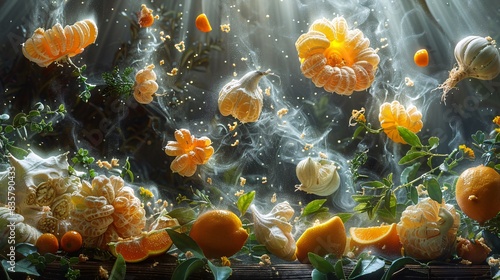 Surreal image of rare ingredients floating in mid-air, including Buddha's hand citron, horned melon, kumquat, and taro root, surrounded by ethereal light against dark backdrop