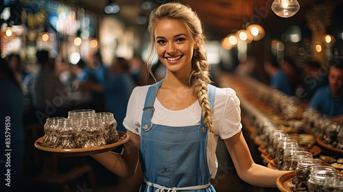 Cheerful waitresses carrying multiple beer steins through the crowded Oktoberfest tents