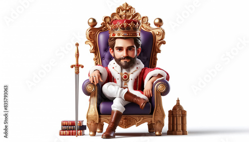 3D Illustration: Caricature - A Royal Romp! Detailed Caricature King Sits on a Throne (Crown, Beard, Royal Costume) with Playful Features