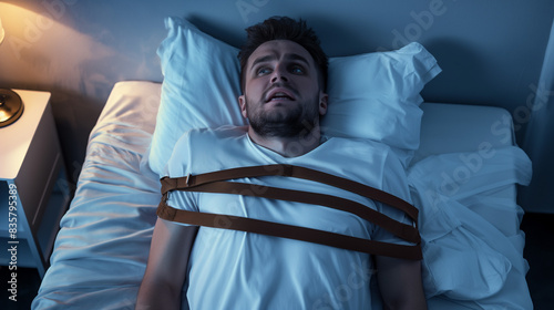 Man experiencing sleep paralysis, feeling tied up and fearful.