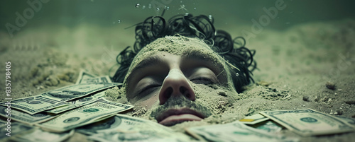 A man buried under a mountain of debt, lost in the financial quicksand of modernity. A man is buried in sand with dollar bills covering his face, symbolizing the overwhelming burden of debt