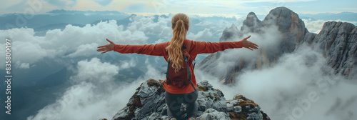 A woman feeling openness on a mountain peak with her arms outstretched, symbolizing freedom and achievement. Suitable for travel and adventure-related content.