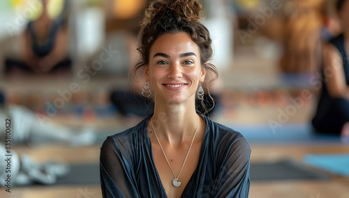 A portrait of a smiling businesswoman sitting in lotus position during a yoga class, promoting relaxation and stress relief for professionals.