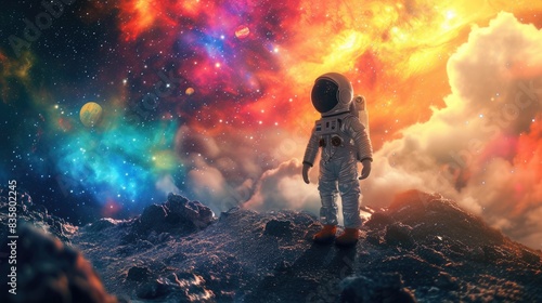 Happy elementary student wearing astronaut suit and exploring planet surrounded with vibrant color. Cute smart child playing as astronaut and walking and inspect universe with colorful color. AIG42.