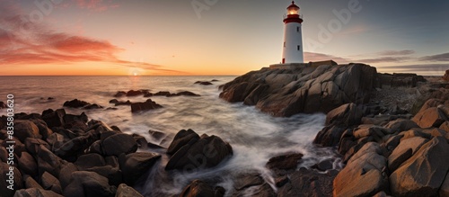 Iconic Lyngvig lighthouse at sunset with a powerful and timeless presence, creating an evocative copy space image.