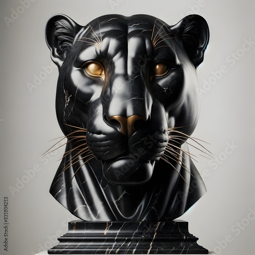 Dieses digitale Porträt eines majestätischen Panthers zeigt detaillierte Marmorstruktur mit goldenen Verzierungen. Die kunstvolle Gestaltung betont die Stärke und Anmut des Tieres